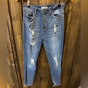 Cello Button Fly Distressed Skinny Jeans